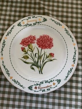 Carnation Floral Dinner Plate - White with Pink Blossoms